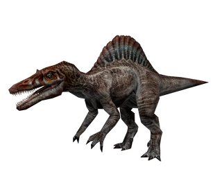 A large, brown Spinosaurus with a sail.