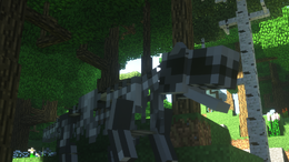 Fossilized dinosaur skeleton in a forest