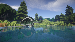 Lush forest biome with lake and bridge
