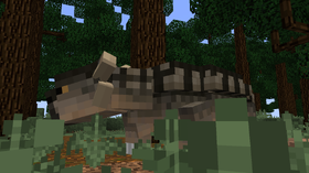 A large, striped dinosaur in a forest.