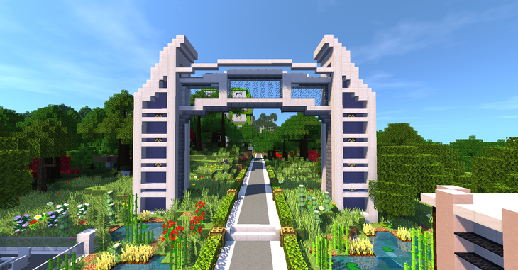Modern entrance to a lush park