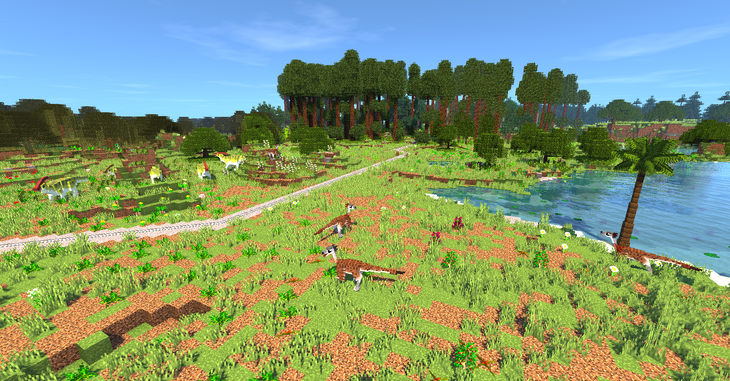 Dinosaurs roam a lush prehistoric landscape