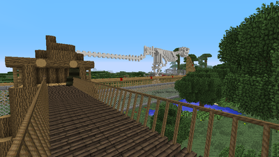 Large dinosaur skeleton in the distance