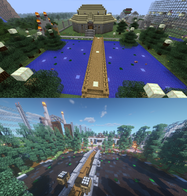Two views of a large Minecraft build