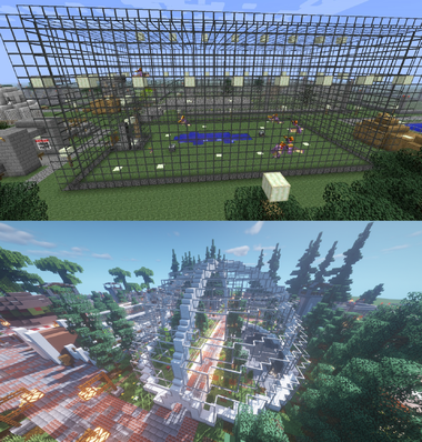 Two large glass structures in Minecraft