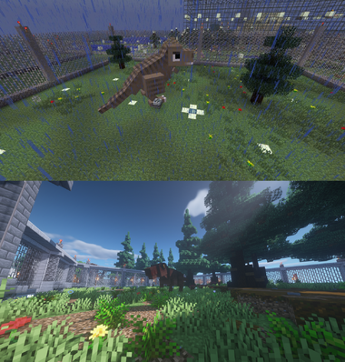 Dinosaur enclosures in a Minecraft mod.