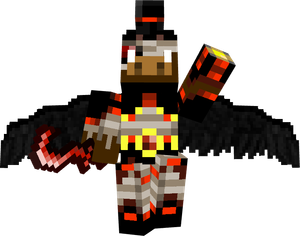 Minecraft player skin with dark wings and glowing weapons