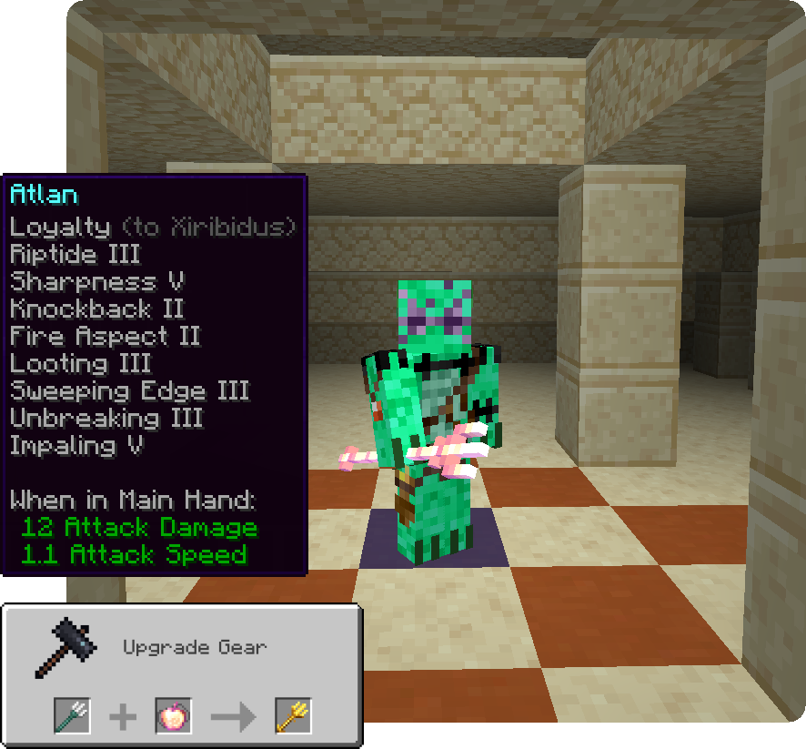 Atlan with enchanted trident and upgrade GUI