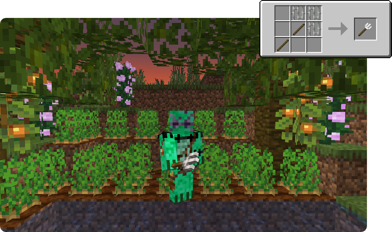 Player in farm with crafting recipe for rake