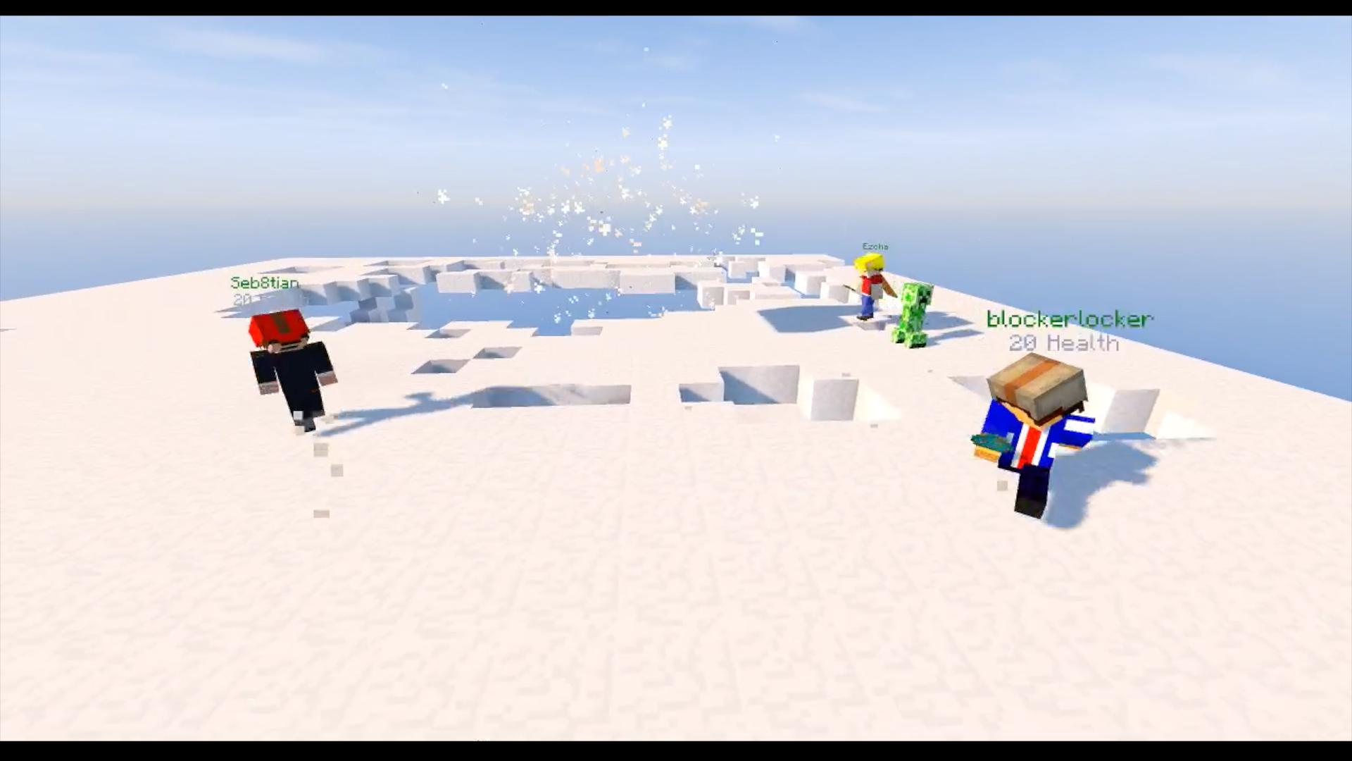 Players fighting on a snowy Minecraft landscape