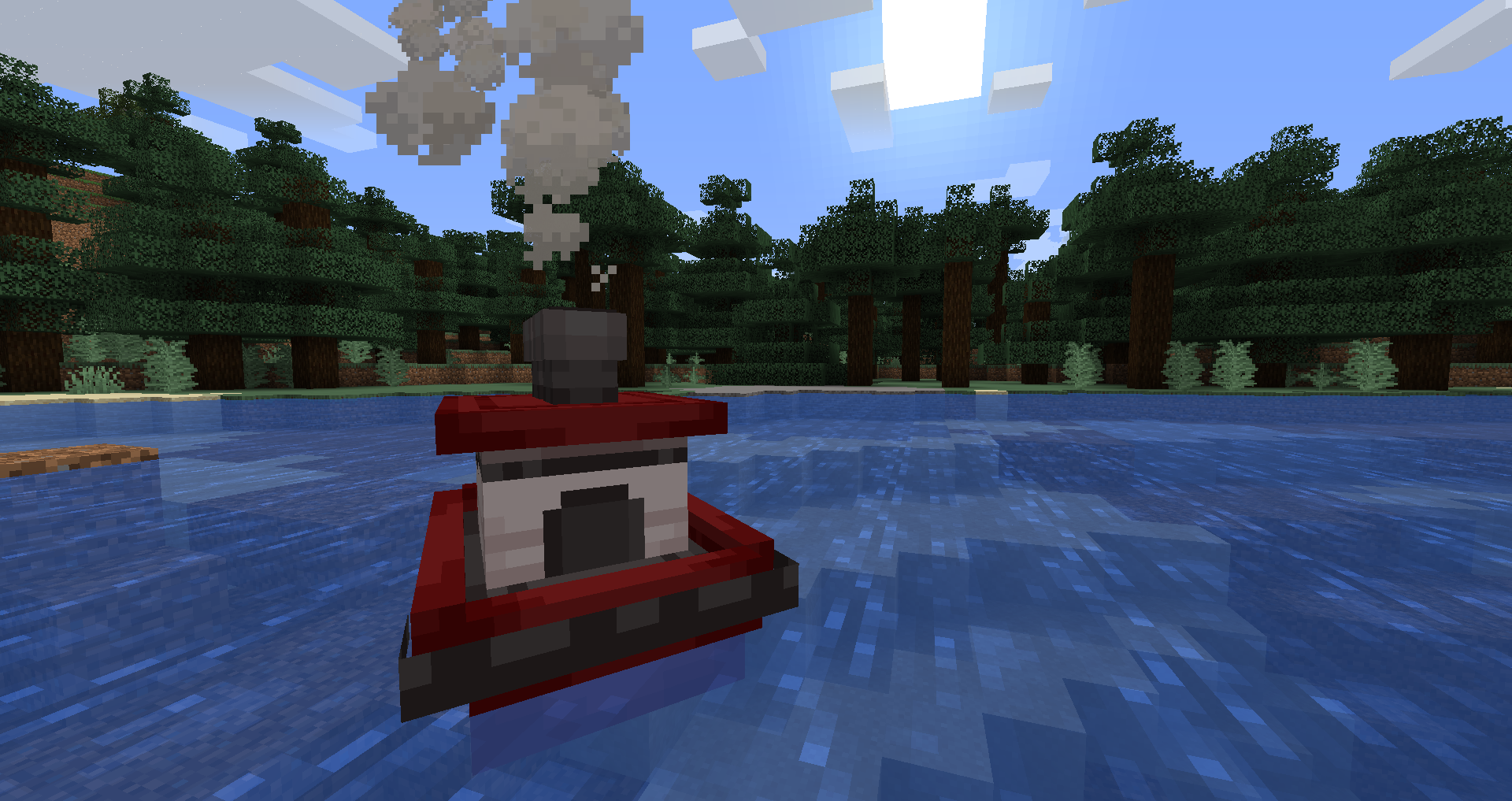 Red and white boat with smoke