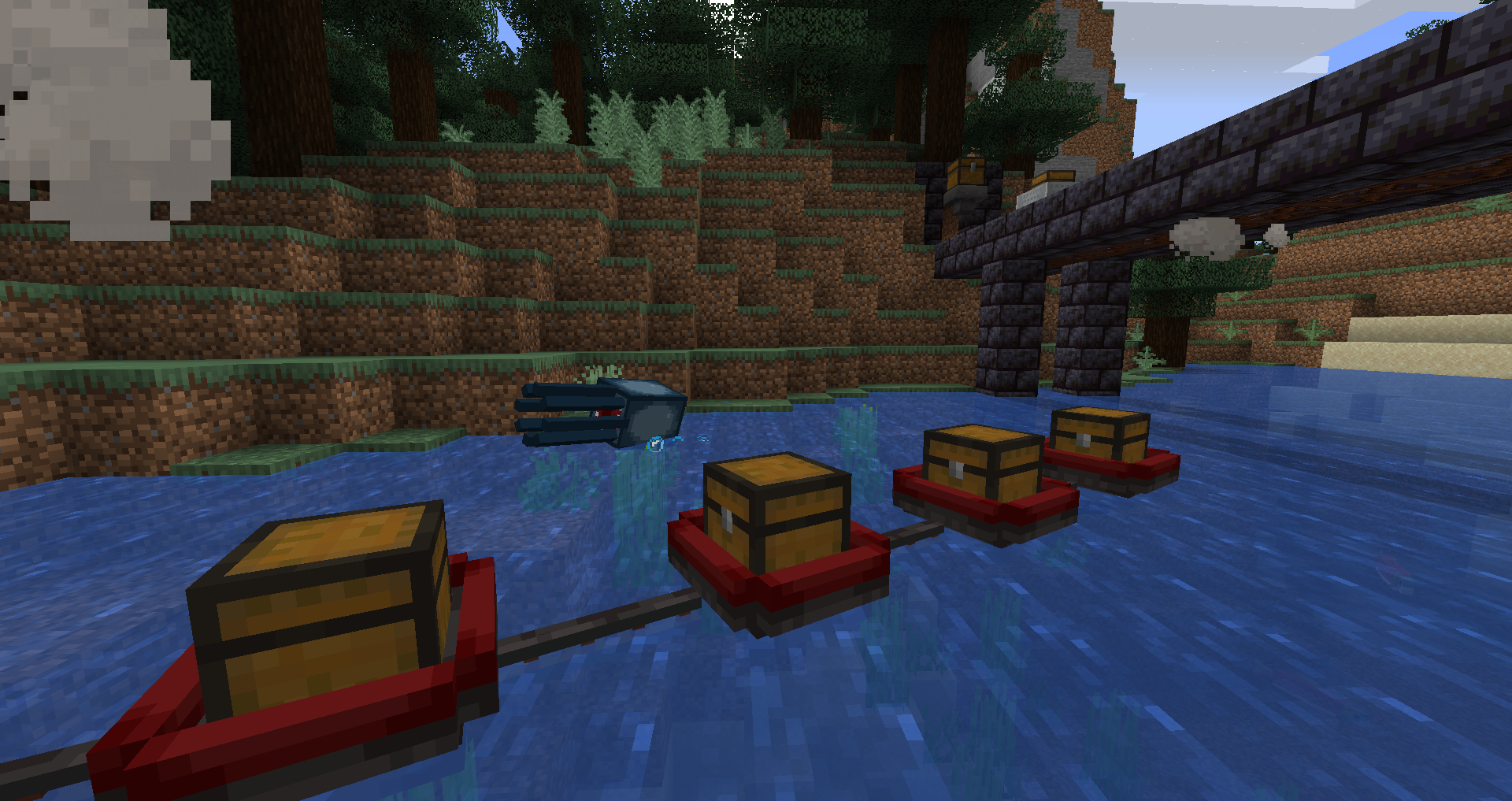 Alligator and chest boats in river