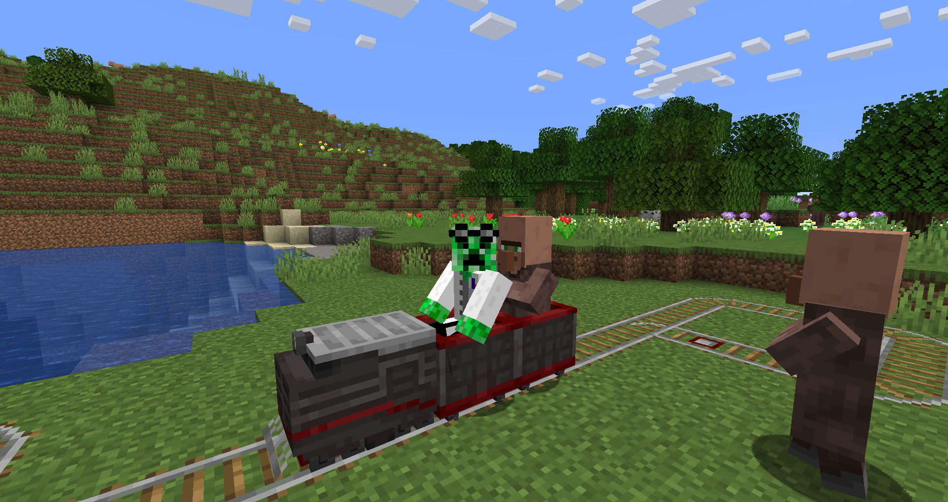 Player and Villager riding a train