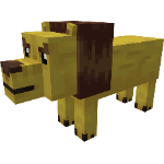 A blocky yellow dog with brown ears.