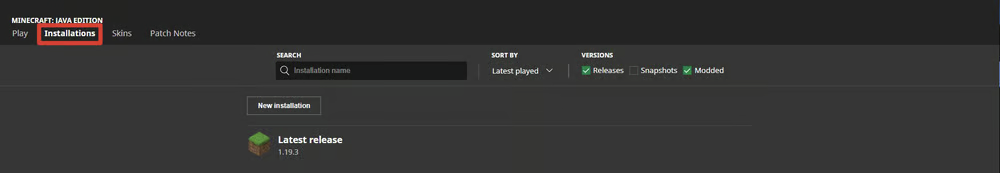 Minecraft Launcher Installations tab with search bar