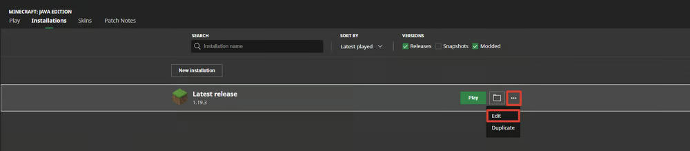 Minecraft Launcher Installations tab with Edit button