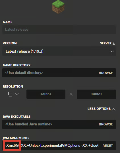 Minecraft launcher settings with JVM arguments highlighted