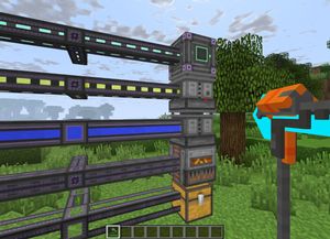 Complex industrial machinery in a Minecraft world