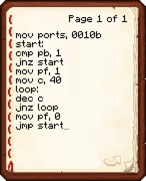 In-game book displaying assembly-like code