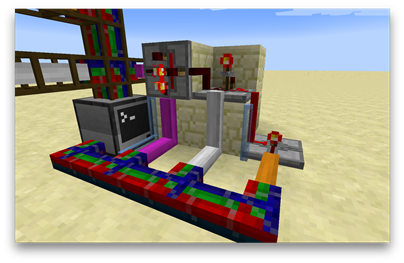 Complex redstone contraption with computer and pipes