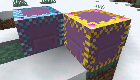 Two ornate purple blocks in snow