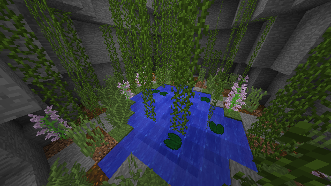 Underground pond with vines and flowers