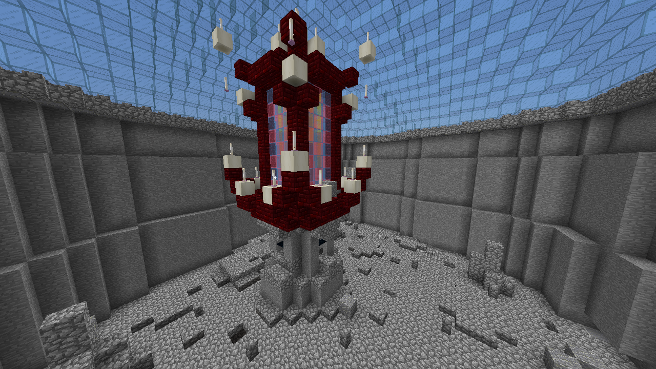 Large red and white structure in arena
