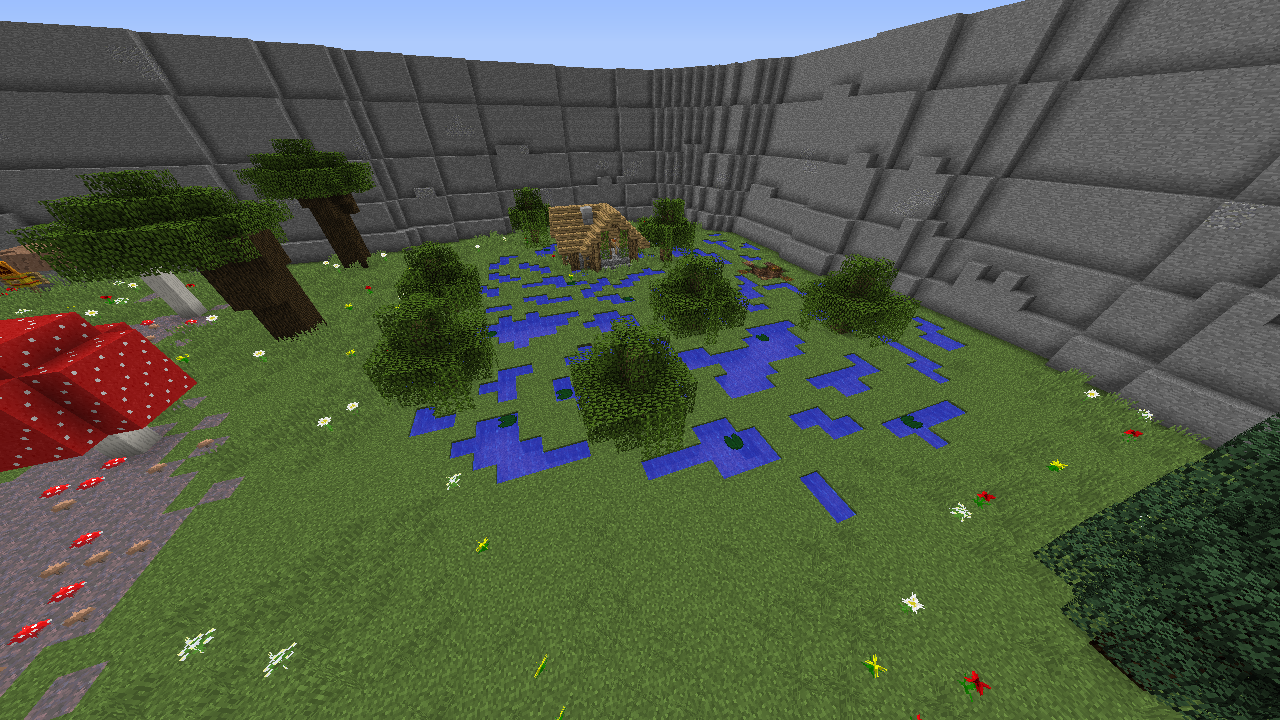 Minecraft world with trees, water, and walls