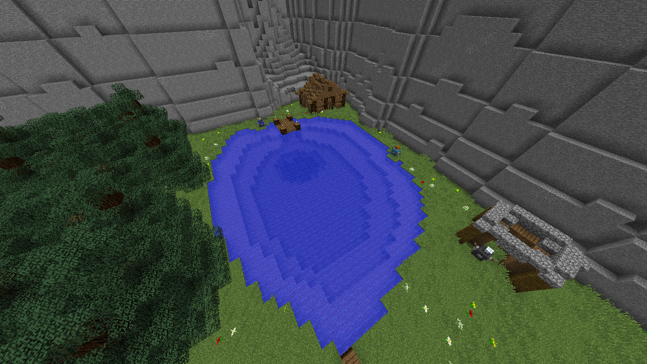 Small lake and structures in a valley