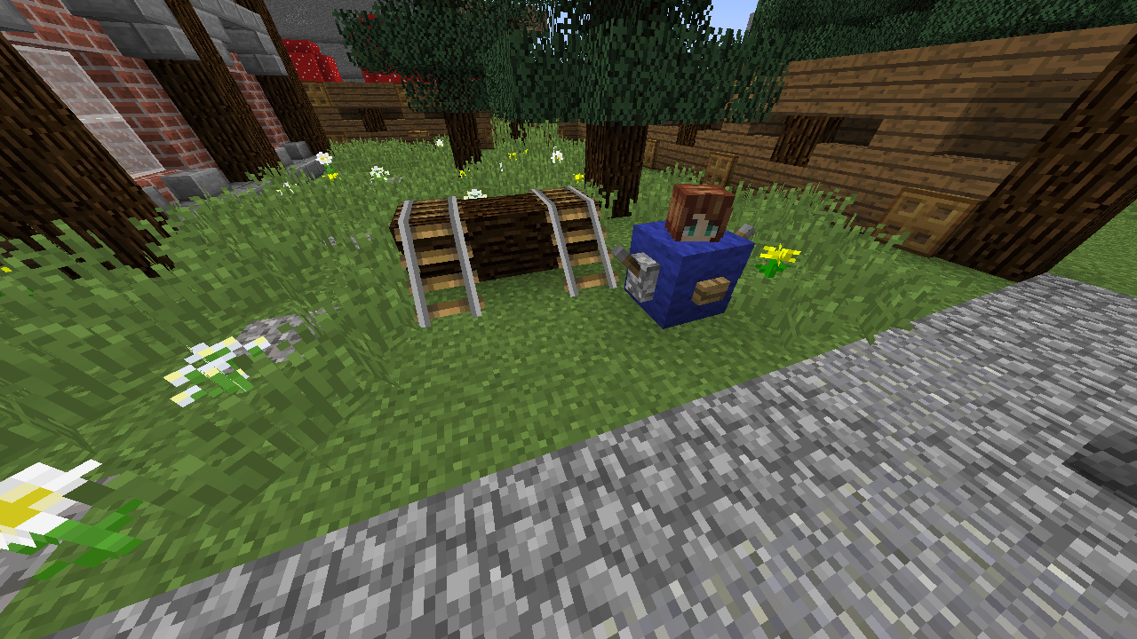 Minecart track and blue machine in grass