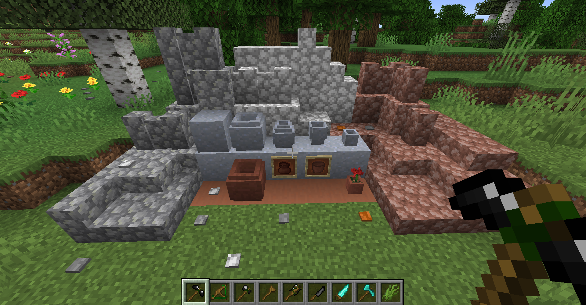 Various stone blocks and items displayed