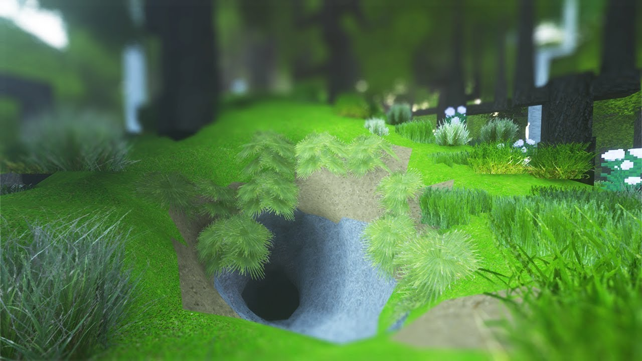 Lush green forest with cave entrance