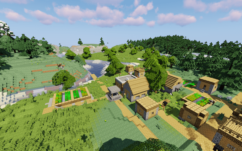 Minecraft village with farms and river