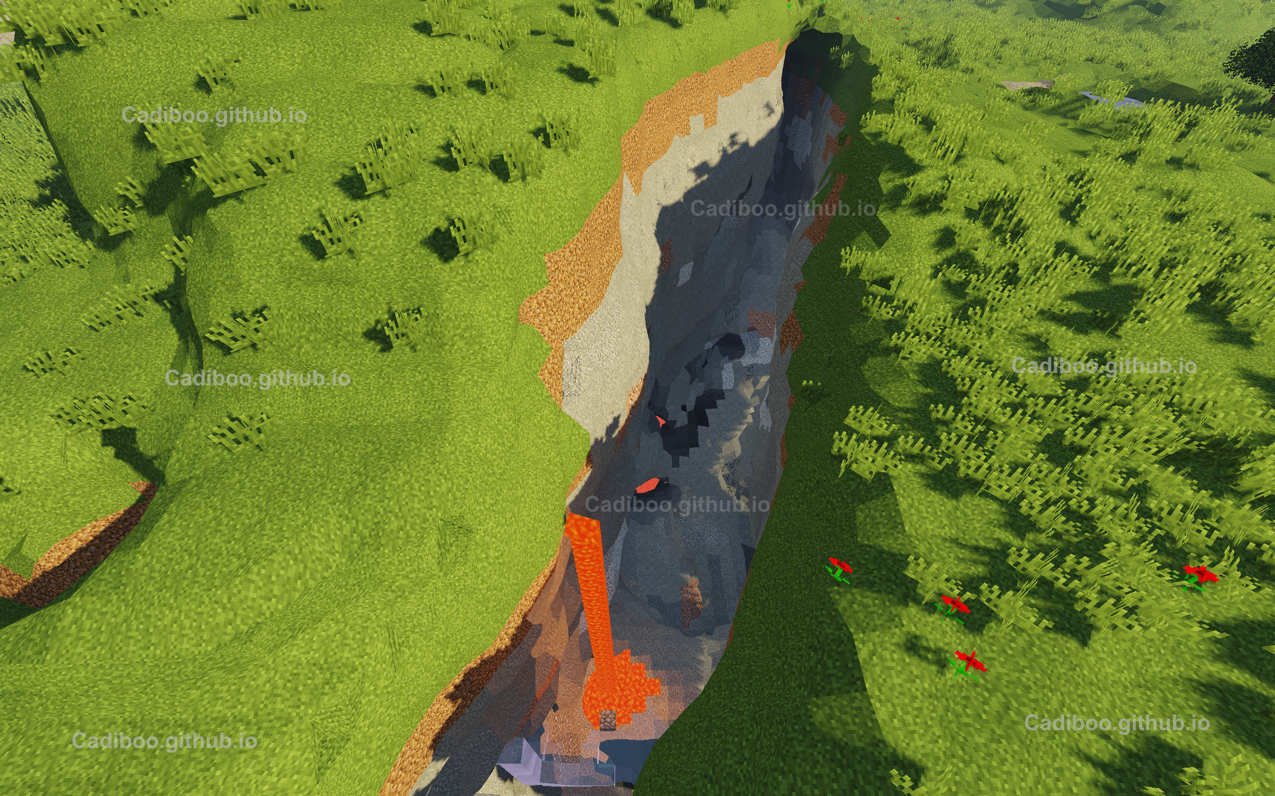 Deep chasm with lava and red fish