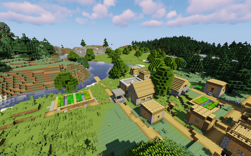 A Minecraft village with farms and river
