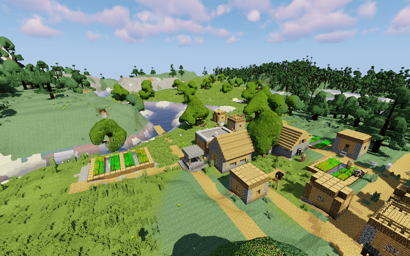 Minecraft village with farms and river