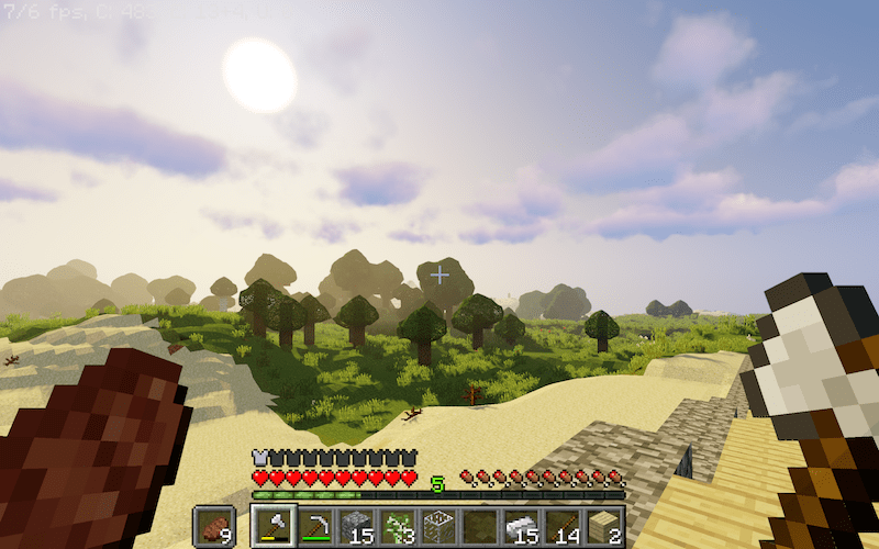 Minecraft world with shaders and axe