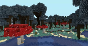 Dark forest biome with giant red mushrooms