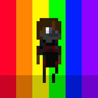 Pixel art character on rainbow background