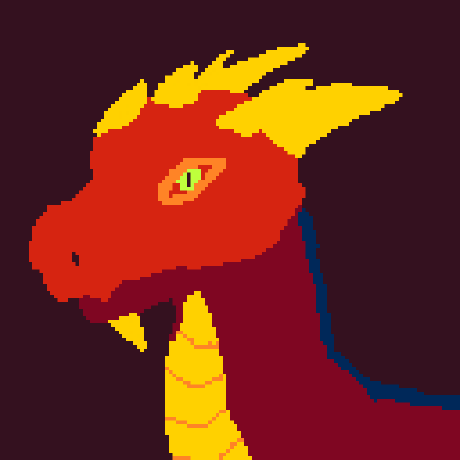 Pixel art of a red dragon head