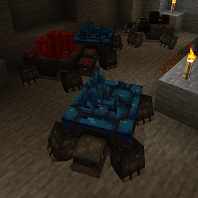 Red and blue crystal structures on blocks