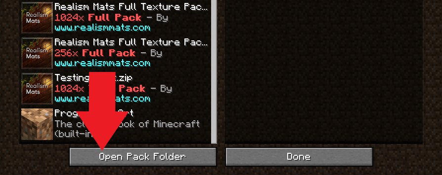 Open Pack Folder button in Minecraft