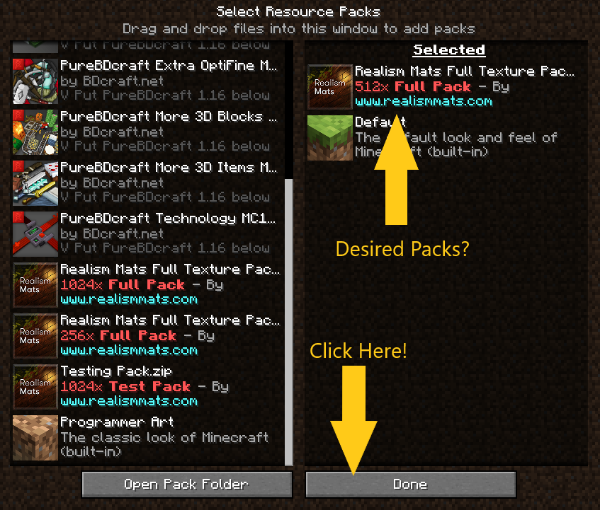Selecting resource packs in Minecraft GUI