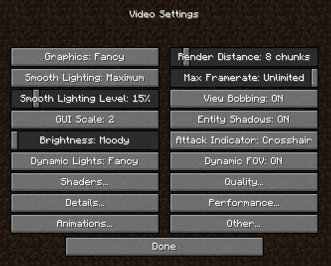 Minecraft video settings menu with various options