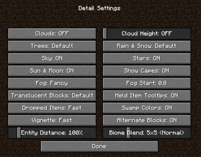 Minecraft Detail Settings GUI for mod