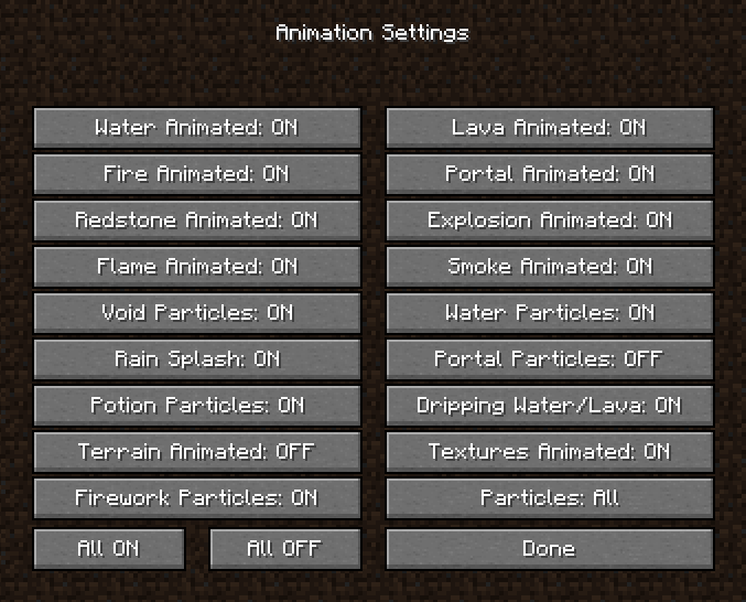 Minecraft animation settings GUI with many options