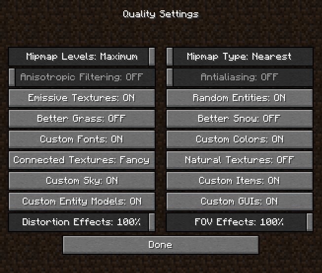 Minecraft Quality Settings GUI with various options