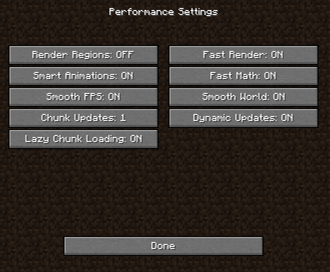 Minecraft performance settings menu with options