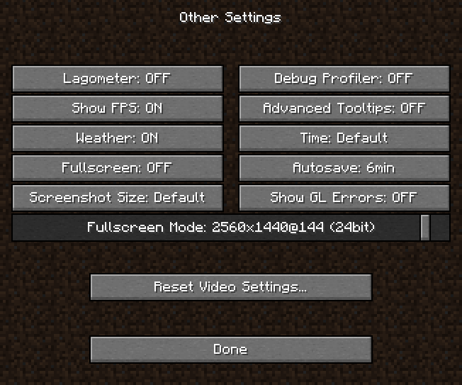 Minecraft Other Settings GUI with various options