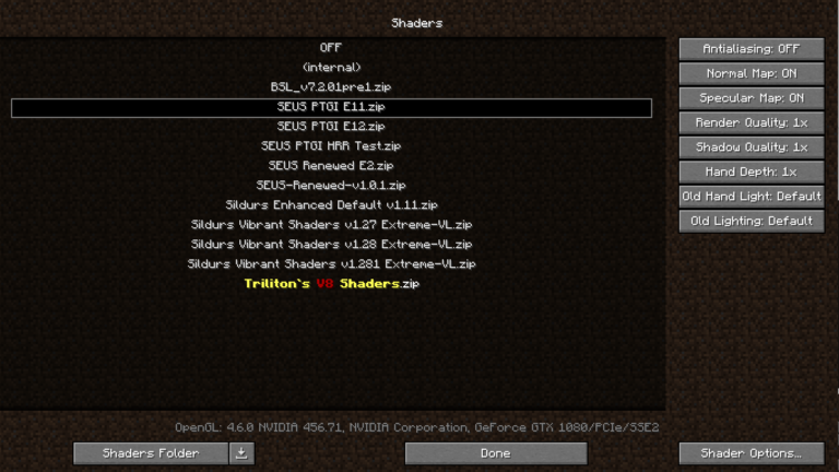 Minecraft Shaders menu with options